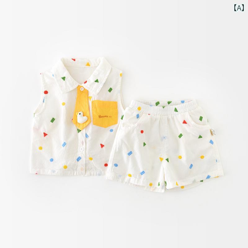 ベビー 男の子 女の子 夏 コットン 幾何学刺繍 ダック柄 動物 カートゥーン かわいい ノースリーブ トップス ショートパンツ 2点セット 柔らかい 薄手 通気性 吸湿 速乾 カラフル