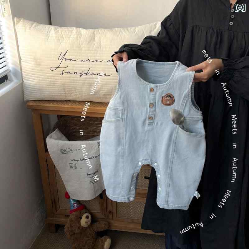 ベビー 男の子 デニム 無袖 サロペット ストライプ インナーシャツ セット 春秋 外出 アウトドア コッ..