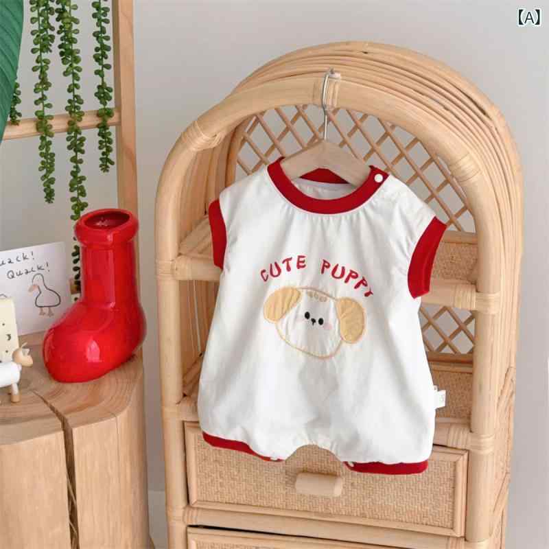 ベビー ロンパース 男の子 無袖 夏 薄手 コットン混紡 赤 通気性 吸湿速乾 軽量 伸縮性 かわいい 外出着 遊び着 新生児 韓国 隠しボタン ショート丈
