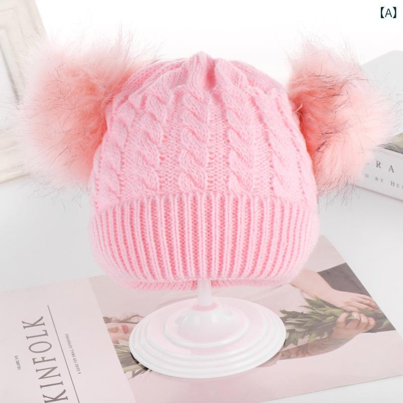 ニット帽 ベビー 男の子 女の子 ダブルポンポン ブレイド編み セットオン ピンク グレー ベージュ 秋冬..