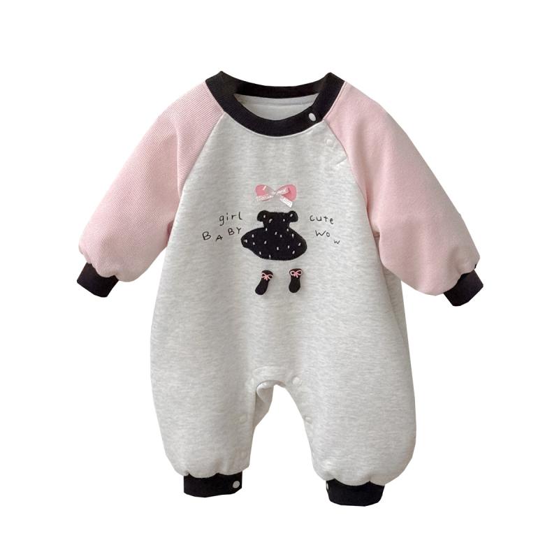 ベビー ロンパース 女の子 長袖 春秋 ピンク コットン混紡 切り替え 韓国 かわいい 伸縮性 軽量 普段使..