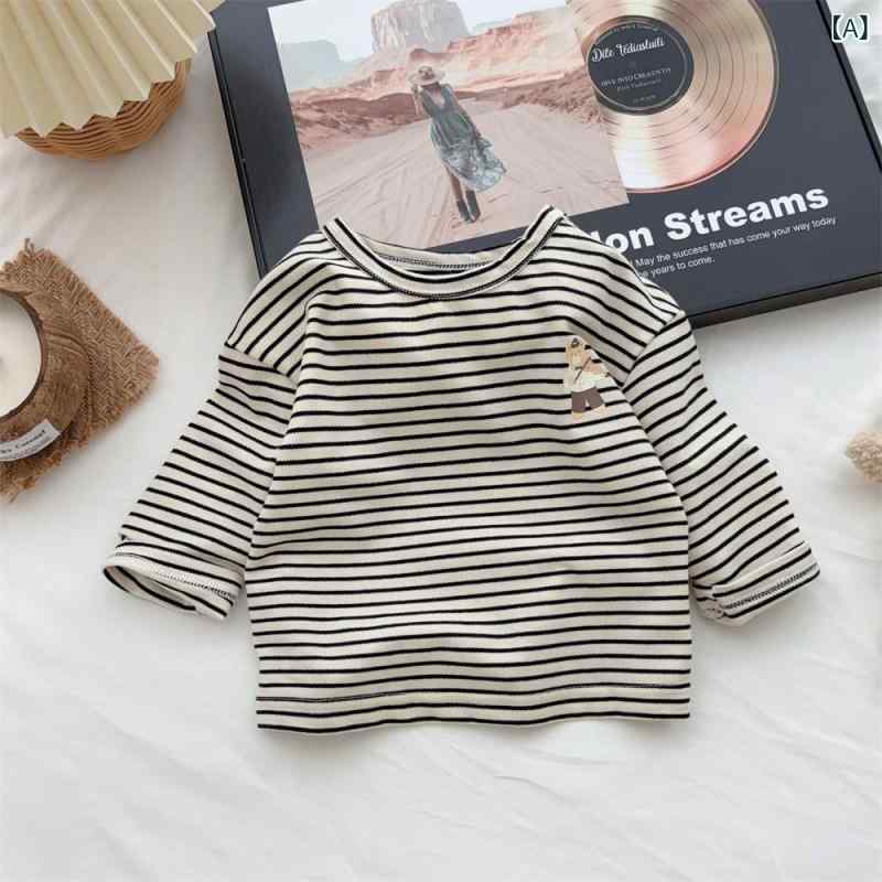 ベビー 男の子 女の子 クルーネック 長袖 ストライプ コントラスト トップス インナー Tシャツ コット..