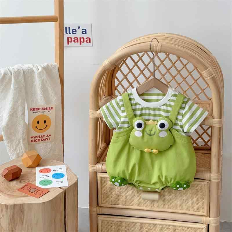 ベビー 男の子 クローリング服 夏 薄手 綿 半袖 ストライプ 偽ツーピース 緑 蛙柄 ピンク ウサギ柄 新生児用 外出 韓国 接触冷感 吸湿速乾