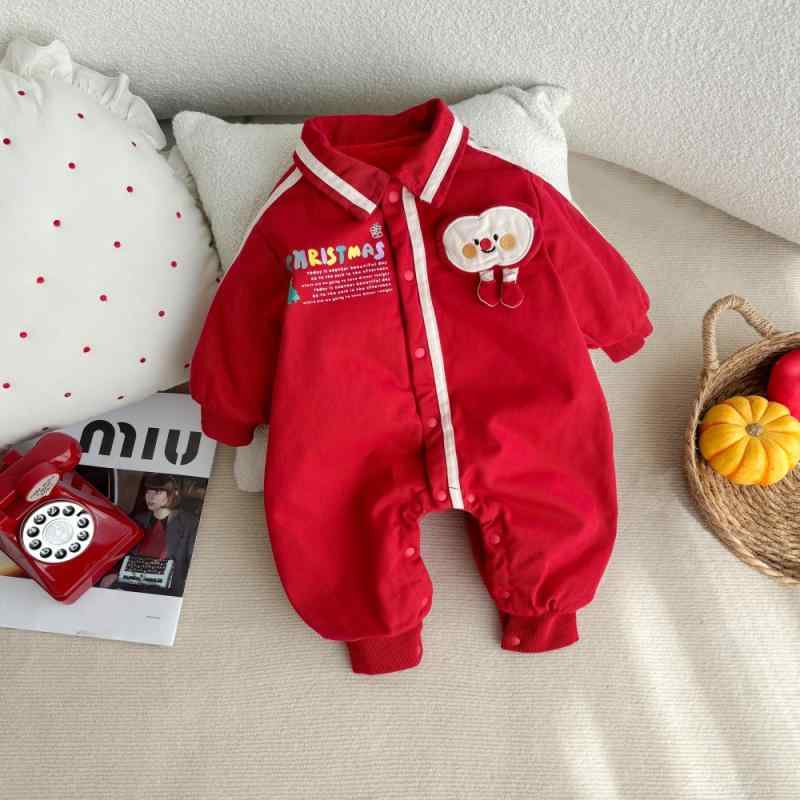 男の子 ベビー 秋冬 加厚 長袖 這い這い 連体服 韓国 かわいい コントラストカラー 柔らかい 綿素材 赤..