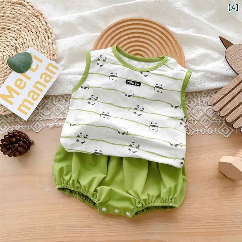 男の子 ベビー 夏 無袖 トップス ショーツ セット コットン混紡 薄手 柔らかい 動物柄 ストライプ カートゥーン調パターン 緑 黒 1-3歳 インファント 子供服 普段使い 軽量 伸縮性 吸湿速乾 通気性 ビッグシルエット カジュアル