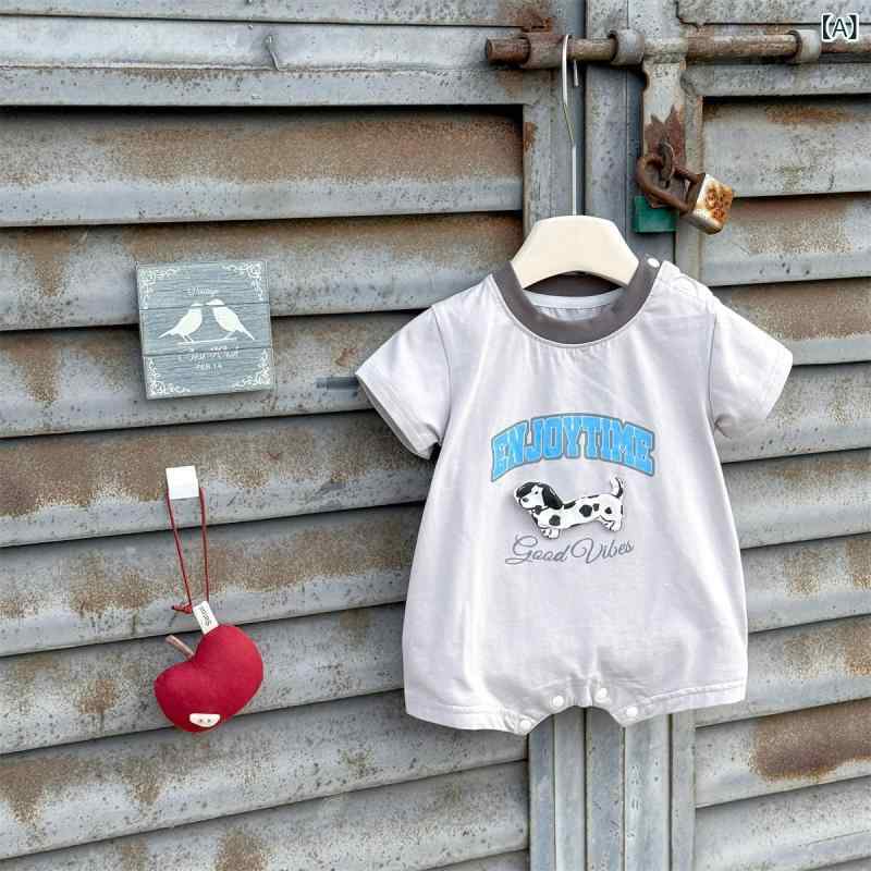 ベビー 男の子 夏 半袖 クローリング服 薄手 コントラストカラー 韓国 綿混紡 グレー 新生児 伸縮性 通..