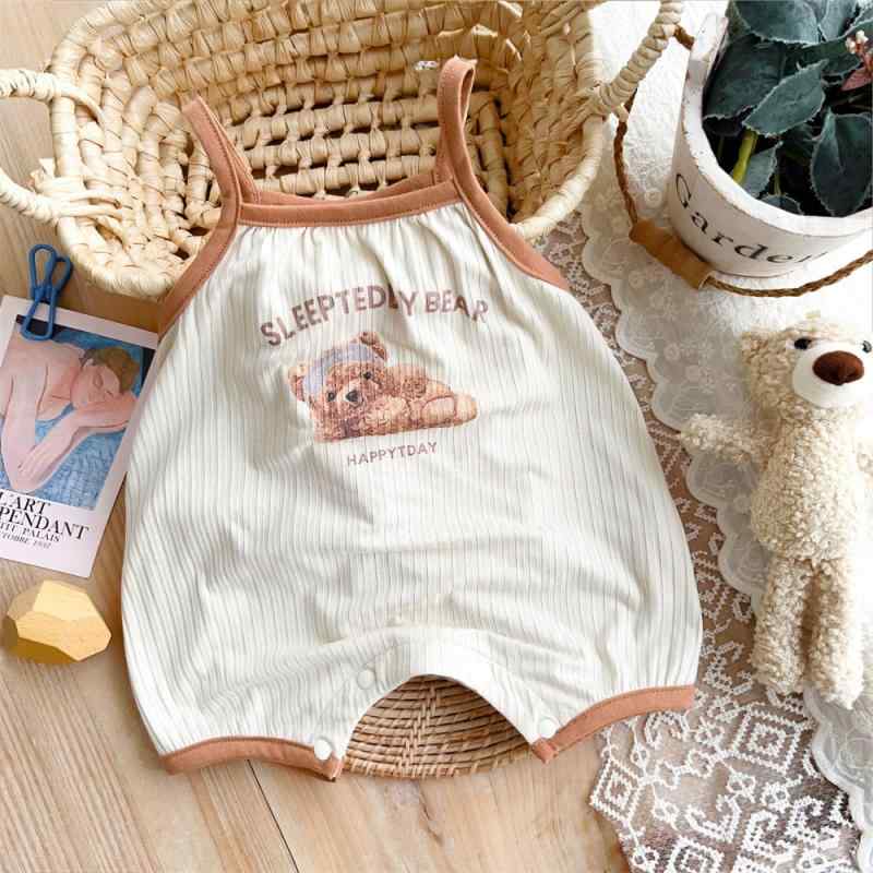 ロンパース ベビー 男の子 夏 無袖 かわいい クマ柄 薄手 吊帯式 短丈 化学繊維 ブラウン 新生児 クローリング 吸湿 速乾 軽量 肌触り良い 動きやすい 普段使い