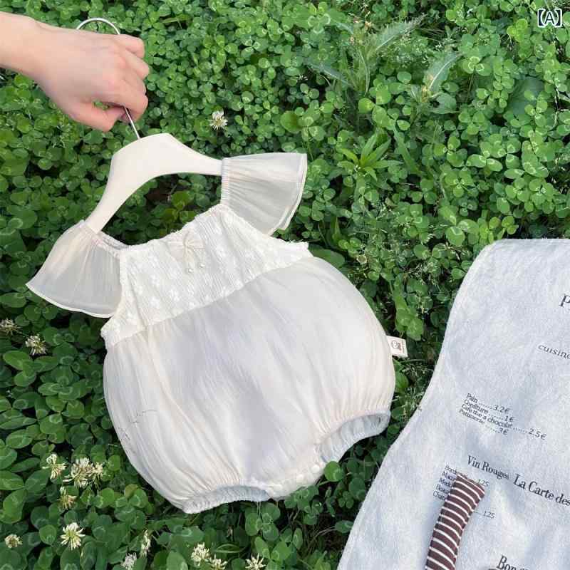 ロンパース 女の子 ベビー 夏 プリンセス レース 飛袖 ガーゼ 柔らか 連体 おむつカバー 薄手 ベージュ 新生児 クローラー ポリエステル 吸湿 速乾 肩開き かわいい