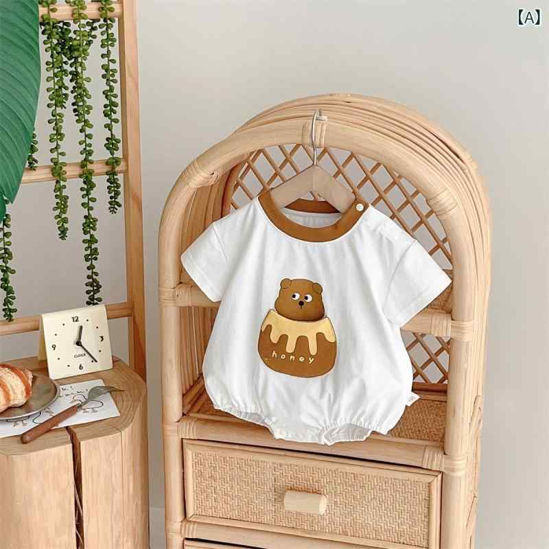 クローリング服 男の子 夏 薄手 半袖 綿混紡 韓国 かわいい 恐竜柄 黄 緑 新生児 赤ちゃん服 軽量 吸湿 速乾 スナップボタン 級