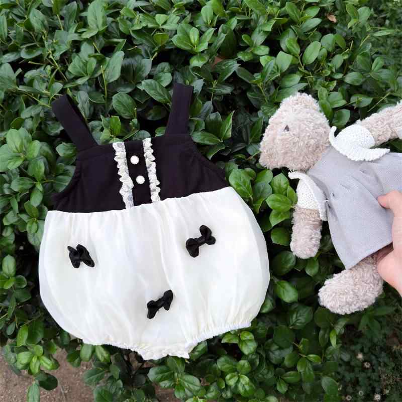 ベビークローラー 女の子 夏 キャミソール ノースリーブ プリンセス リボン 薄手 綿混紡 通気性 吸湿速乾 外出 おむつカバー ピンク 黒