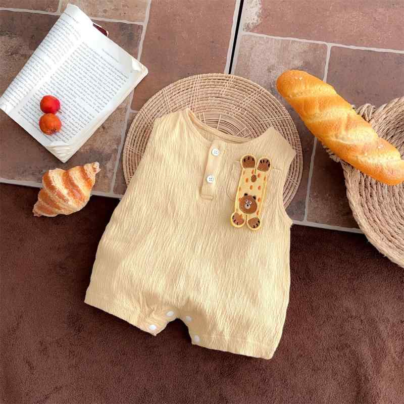 ベビー 這い這い服 男の子 無袖 夏用 薄手 綿 混紡 カートゥーン調柄 黄 かわいい 韓国 部屋着 外出着 新生児 伸縮性 軽量 吸湿速乾 66cm 73cm 80cm 90cm