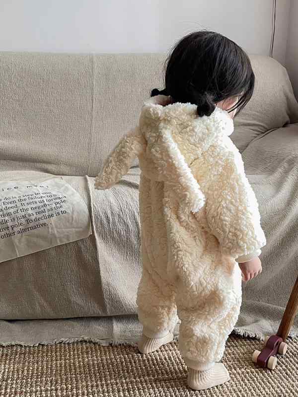 ベビー オールインワン 女の子 秋冬 加厚 保暖 フード付き 長袖 クロール 外出着 ポリエステル 混紡 甘..