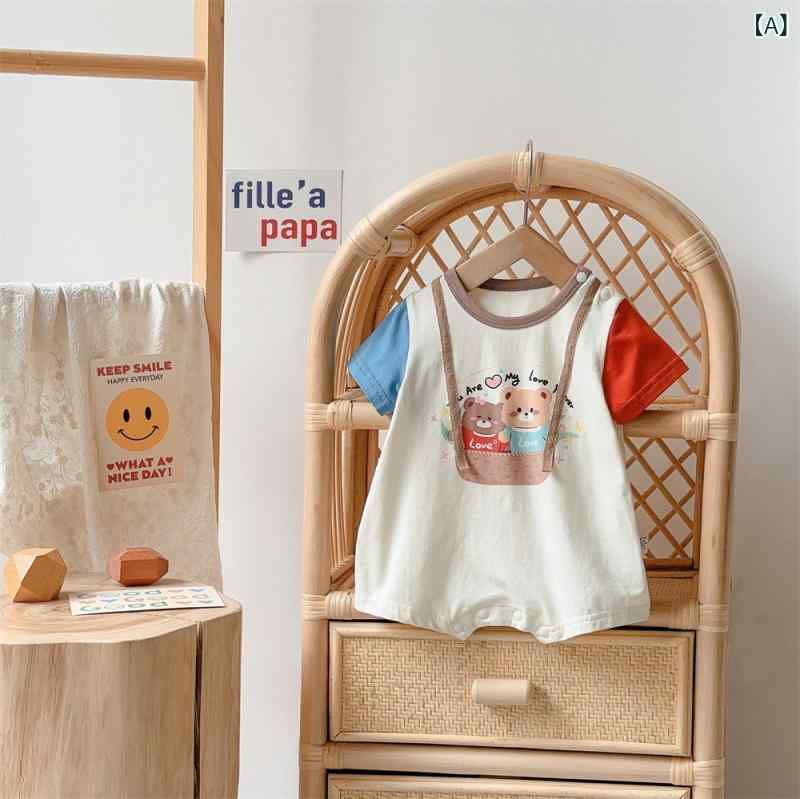 クローラー 男の子 夏 半袖 ベビー オールインワン 熱気球 クマ 柄 綿 混紡 薄手 通気性 速乾 柔らかい 外出 杏