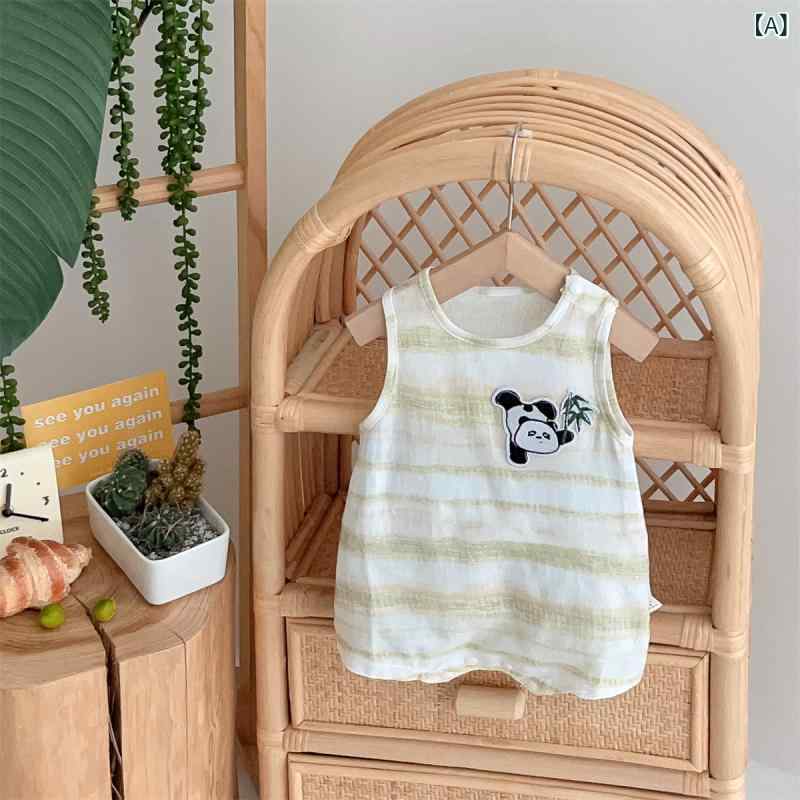 ベビー オールインワン 男の子 夏 無袖 薄手 ストライプ パンダ柄 綿素材 緑 カジュアル クロールスーツ 吸湿速乾 軽量 伸縮性 部屋着 外出着