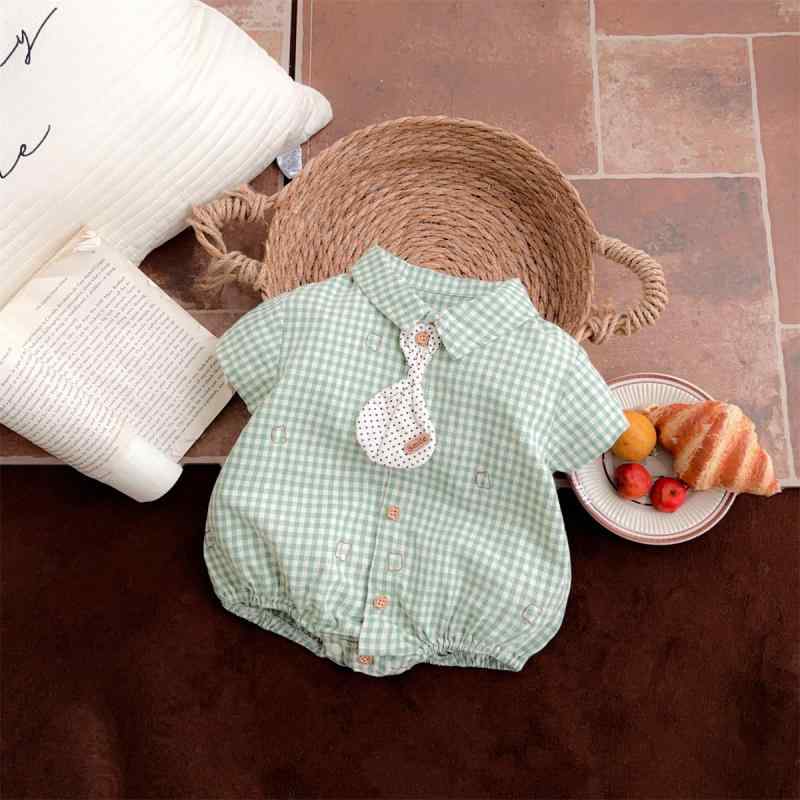 ベビー ロンパース 男の子 半袖 チェック柄 緑 綿 薄手 夏 前開き 新生児 吸湿速乾 動きやすい 通気性 柔らかい 肌触り良い