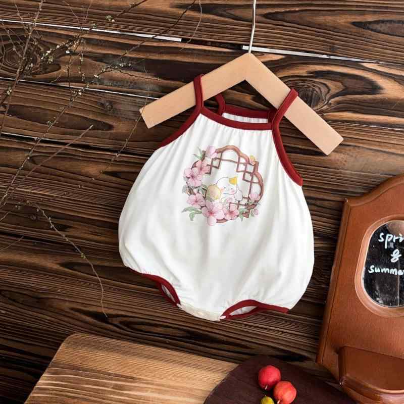 クロール服 女の子 ベビー 夏 薄手 ノースリーブ 股開き かわいい ウサギ柄 赤 レイヨン混 通気性 吸湿速乾 スイートスタイル