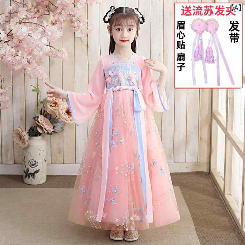 ワンピース 女の子 中国風 長袖 シフォン 夏 花柄 レース フリル リボン プリンセス かわいい チュール..