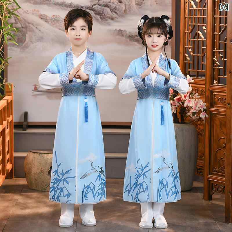 漢服 子供 男の子 女の子 古装 表演服 開筆礼 三字経 弟子規 書童 柔軟素材 ポリエステル 広袖 直袖 孔..