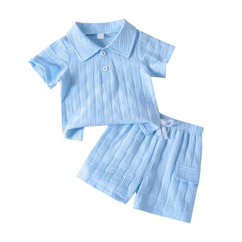 男の子 ベビー 半袖 ポロシャツ ショーツ セット 夏用 スカイブルー シンプル 織り柄 ポリエステル 合成繊維 日常着 軽量 通気性 速乾 1-3歳 80-100cm