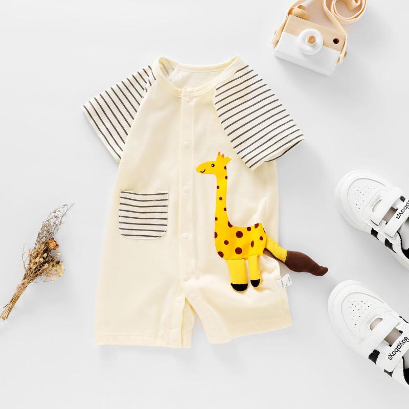 ベビー 男の子 女の子 半袖 オールインワン 夏 綿 薄手 卡通柄 新生児 クローリング服 外出用 緑 恐竜 プリント ボディスーツ 吸湿速乾 軽量 柔らかい 肌触り