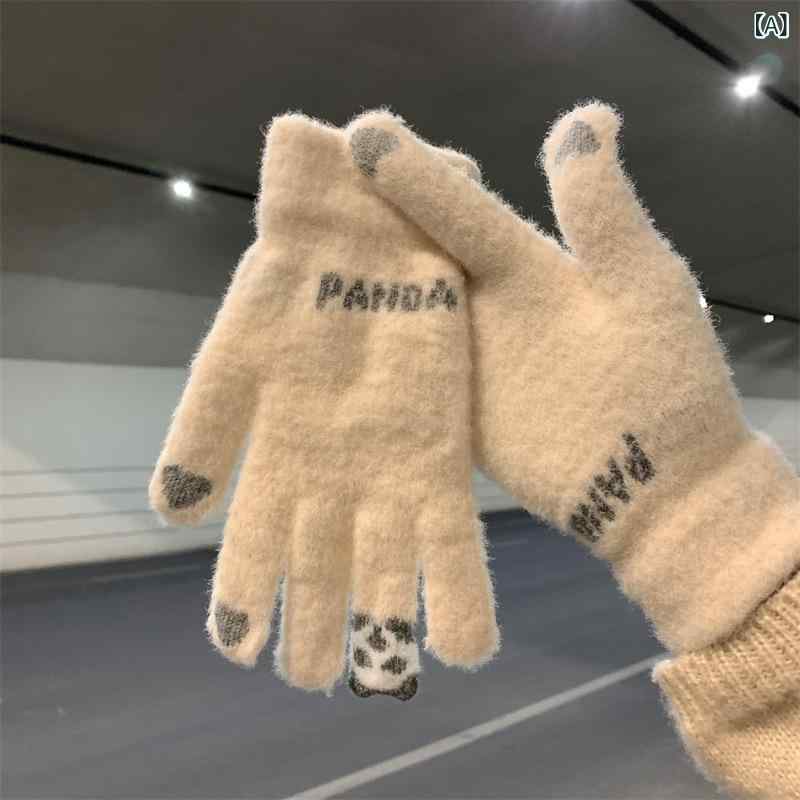 手袋 レディース かわいい パンダ柄 暖かい 厚手 防寒 タッチ対応 ニット アクリル 5本指 秋冬 通勤 ベ..