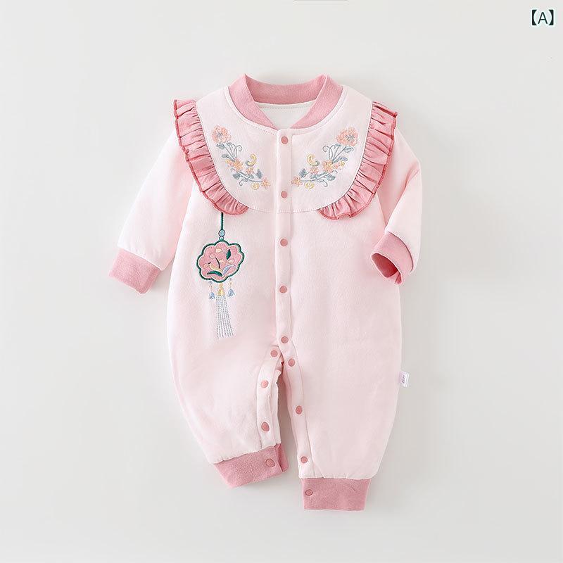ベビー ロンパース 男の子 女の子 長袖 綿 加厚 秋冬 ピンク ベージュ ブルー 花柄 蝶柄 柔らかい 暖か 吸湿 速乾 新生児 ハイハイ 普段使い