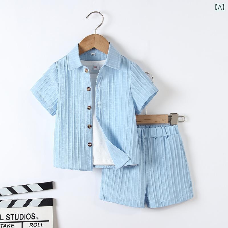 キッズ 男の子 女の子 半袖 シャツ ゴム入り ショーツ 2点セット カジュアル 春夏 ポリエステル 軽量 通気性 吸湿速乾 青 緑