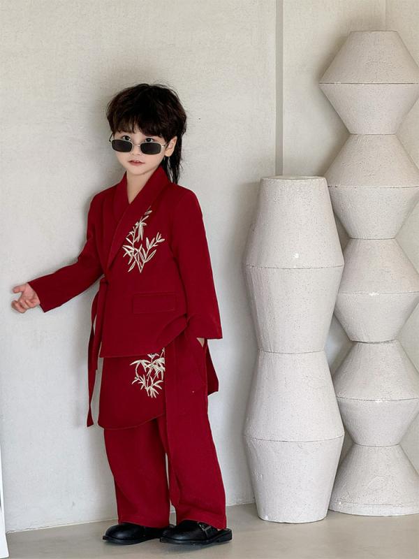 楽天おうち健康生活キッズ スーツ セット 男の子 女の子 礼服 赤 長袖 長ズボン ポリエステル繊維 柔軟素材 刺繍 春秋 英倫スタイル 多人数セット フォーマルウェア 子供服 トップス パンツ 組み合わせ 軽量 伸縮性 通学 行事 普段使い