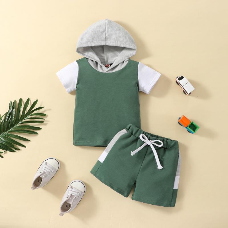 ベビー 男の子 女の子 夏 半袖 フード付き 切り替え トップス 伸縮腰 ショーツ セット 綿 柔らかい カートゥーン柄 緑 軽量 吸湿速乾