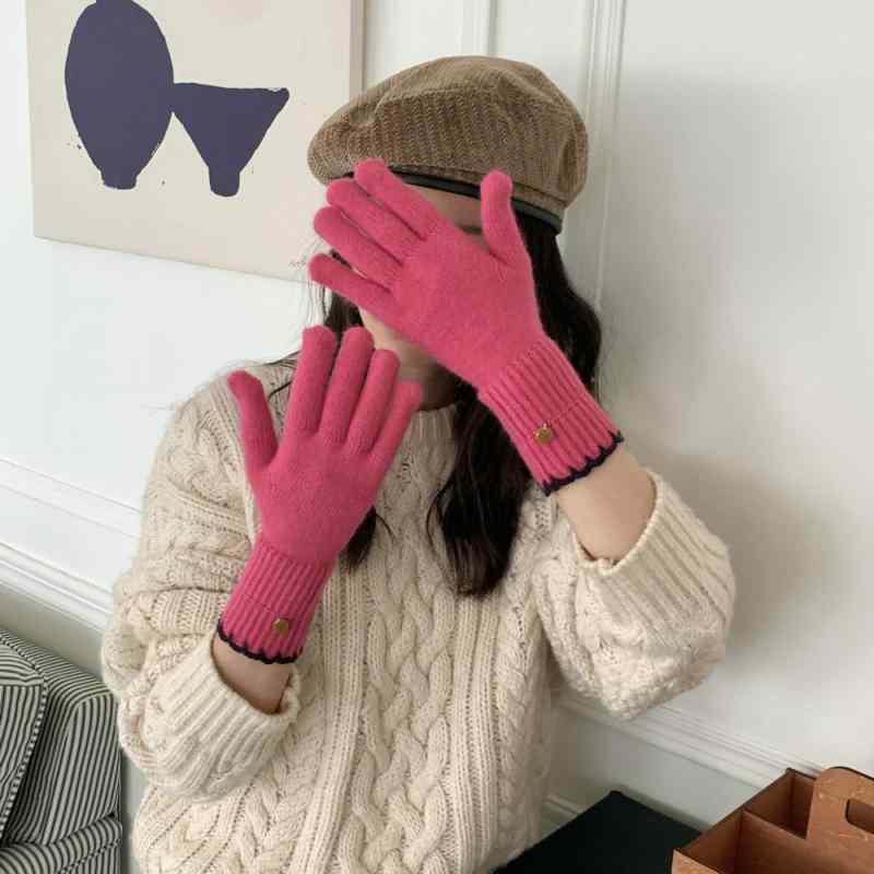 レディース 手袋 冬 ウール 混紡 ニット 保暖 五本指 タッチ対応 ツートンカラー ロックステッチ 韓国 ソフト 防寒 ブラック グレー ピンク