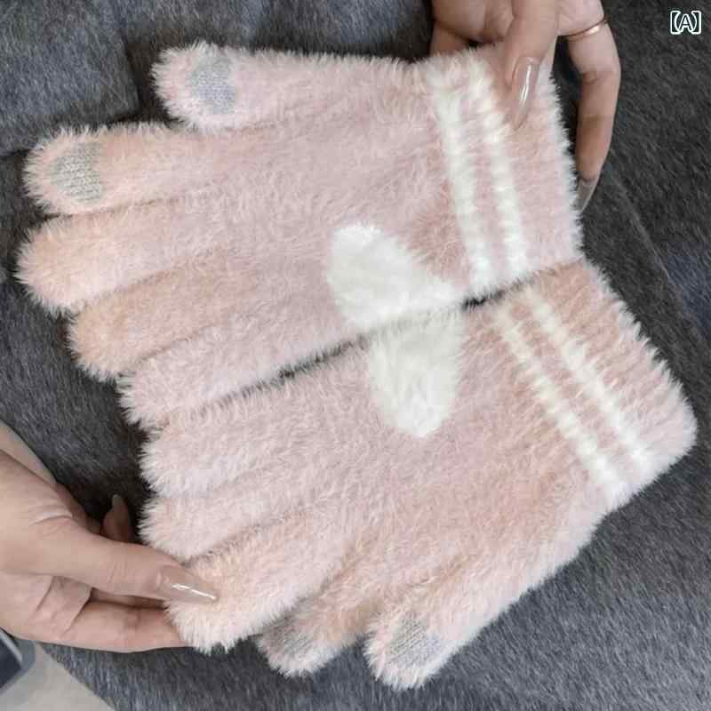 レディース 手袋 冬用 厚手 保暖 ニット 毛糸 ふわふわ タッチ対応 かわいい ピンク ホワイト 自転車 外出 防寒 グローブ 甘め プリント 形状 パターン