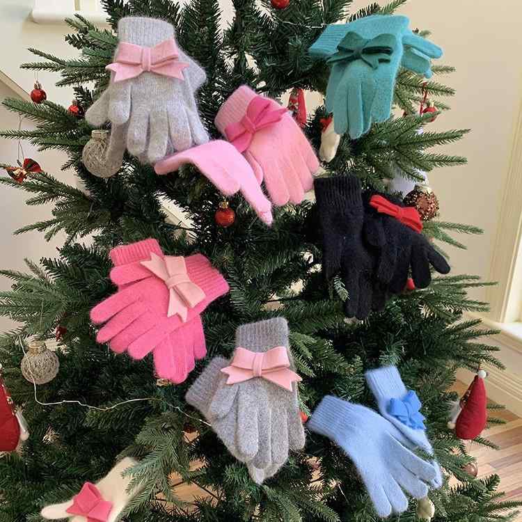 レディース ニット手袋 リボン 付き コントラストカラー 保温 防風 タッチ対応 五本指 綿素材 シンプル 通勤 普段使い 冬 白 グレー ピンク