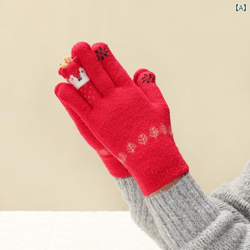 手袋 レディース 冬用 暖か 防寒 ニット タッチ対応 動物柄 赤 ポリエステル サイクリング 普段使い 伸..