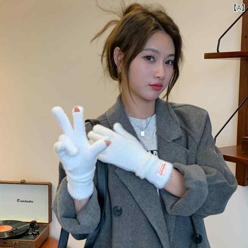 手袋 レディース 冬 保暖 分指 タッチ対応 防風 ニット かわいい シンプル 通勤 普段使い 白 灰 黒