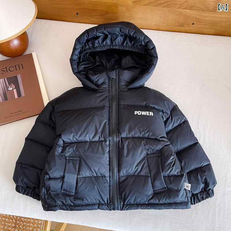 楽天おうち健康生活ダウンジャケット 子供用 男の子 女の子 韓国 単色 字母プリント フード付き 厚手 ルーズフィット ショート丈 ナイロン 白鴨ダウン 柔軟素材 防水加工 スポーツスタイル 冬用 黒 青 赤