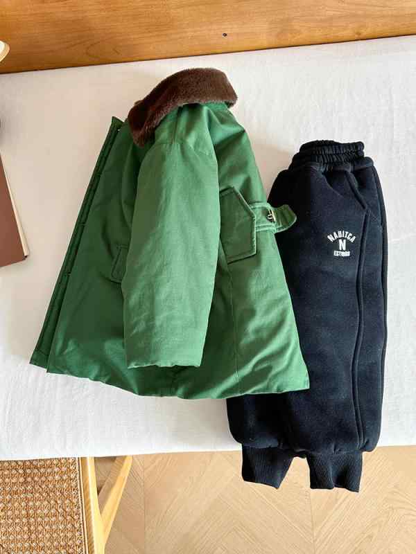 キッズ 男の子 女の子 レトロ ミリタリー コート 中長丈 厚手 防寒 長袖 綿 柔らかい 冬 かわいい スタイリッシュ 軍緑(4)