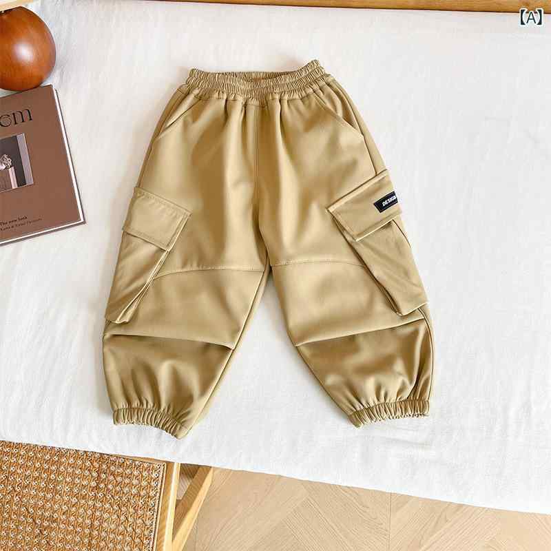 キッズ 男の子 女の子 ゆったり カジュアル ワークパンツ 秋冬 裏起毛 ポリエステル 伸縮性 動きやすい 普段使い 無地 ロゴ柄 黒 カーキ(4)