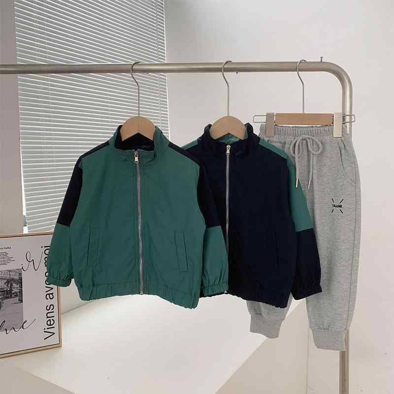 子供 ジャケット 男の子 女の子 春 韓国 コントラスト カジュアル 立領 長袖 ポリエステル 柔らかい ジ..