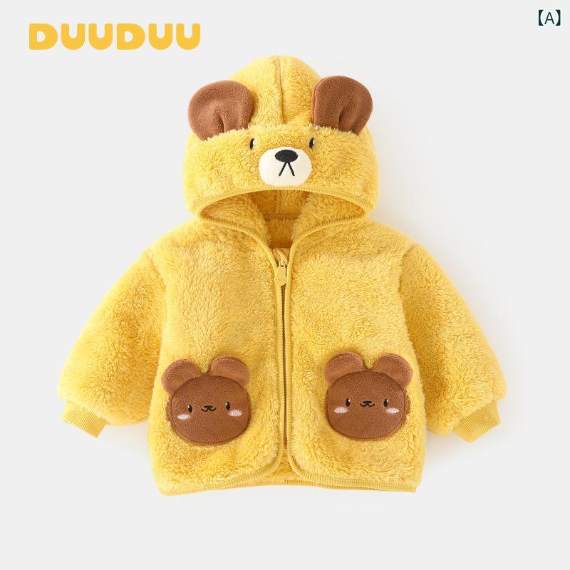 キッズ パーカー 男の子 女の子 秋冬 フード付き 長袖 暖か 厚手 フリース ポリエステル 黄 動物柄 純色 カジュアル 外出 柔軟 ショート丈 吸湿速乾