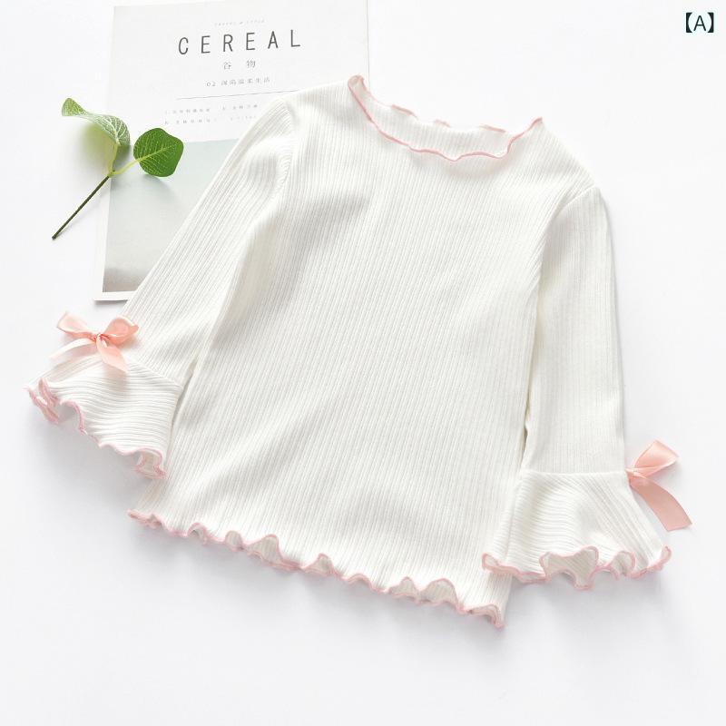 楽天おうち健康生活トップス 女の子 長袖 フリル リボン インナー 綿素材 柔らかい スリムフィット 春秋 白 ピンク イエロー カジュアル 普段使い キッズ かわいい