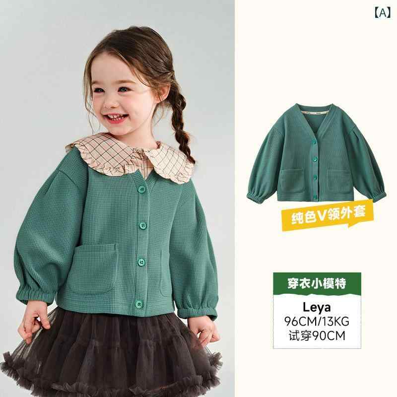 女の子 キッズ ジャケット かわいい パフスリーブ 長袖 トップス ワッフル柄 コットン ポリエステル 混紡 春 厚手 青緑 ショート丈 スタンドカラー 無地 韓国 休闲 ストリート