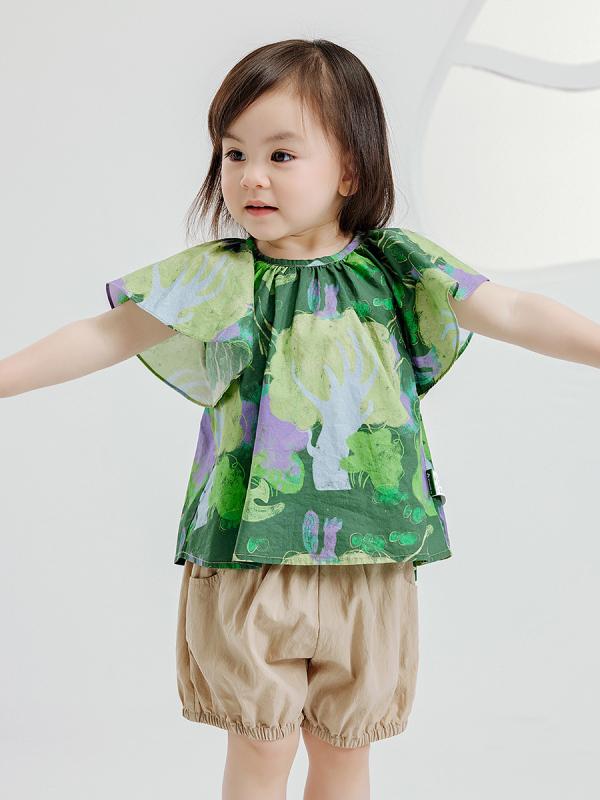 女の子 夏 ルーズ 半袖 トップス フィット ショーツ セット コットン 花柄 プリント ツートン グリーン..