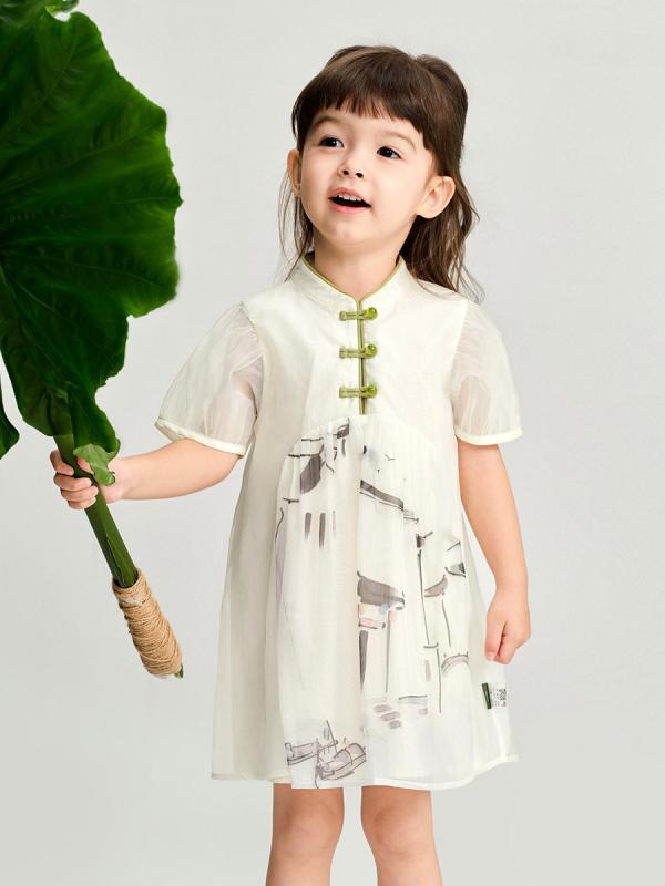 ワンピース 女の子 中国風 水墨画 パフスリーブ 花柄 プリンセス Aライン 半袖 夏 チュール ナイロン リヨセル コットン アイボリー 軽やか 透け感 ふんわり シルエット 普段使い 公園遊び