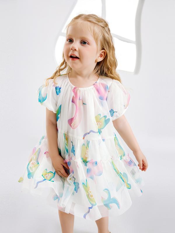 女の子 ワンピース 夏 パフスリーブ 花柄 Aライン プリンセススカート かわいい 甘め 綿 チュール 白 軽量 伸縮性 吸湿速乾 3歳から8歳向け