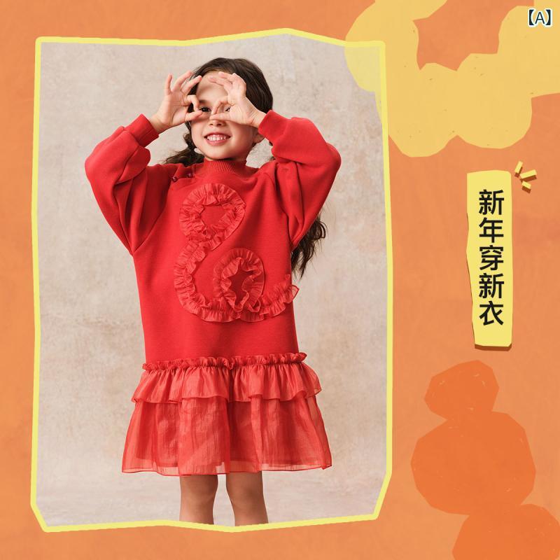 ワンピース 女の子 秋冬 中国風 かわいい 切り替え フリル レース 保温 フリース ポリエステル 綿 赤 ..