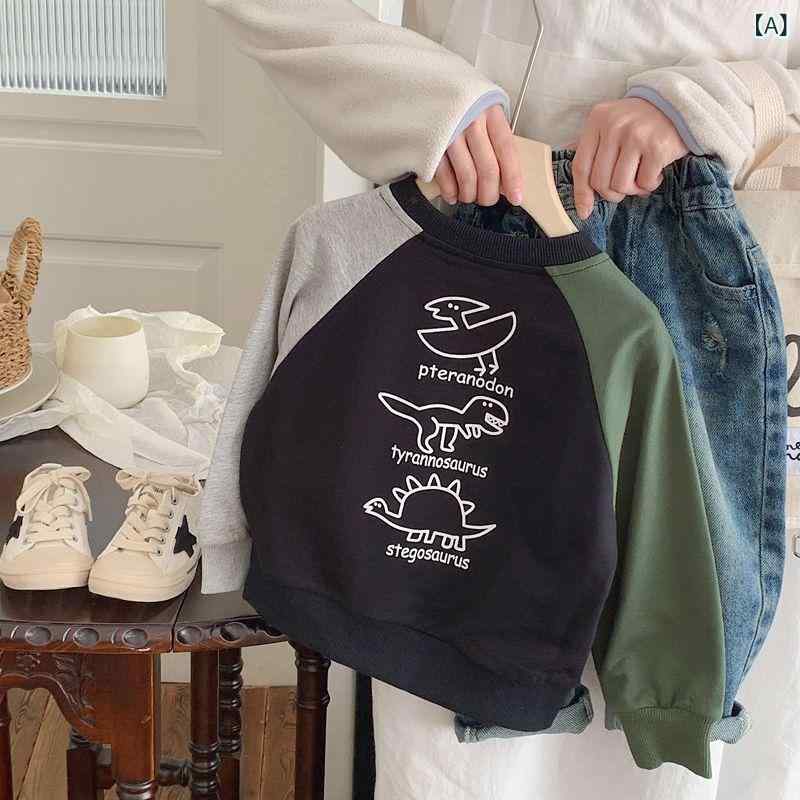子供 スウェット 男の子 女の子 春秋 長袖 コットン 黒 恐竜 プリント コントラスト カートゥーン 韓国..