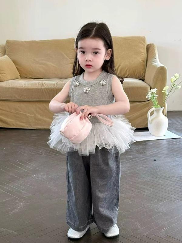 タンクトップ 女の子 夏 無袖 かわいい 立体花柄 グレー メッシュ 綿混紡 キャミソール トップス キッ..