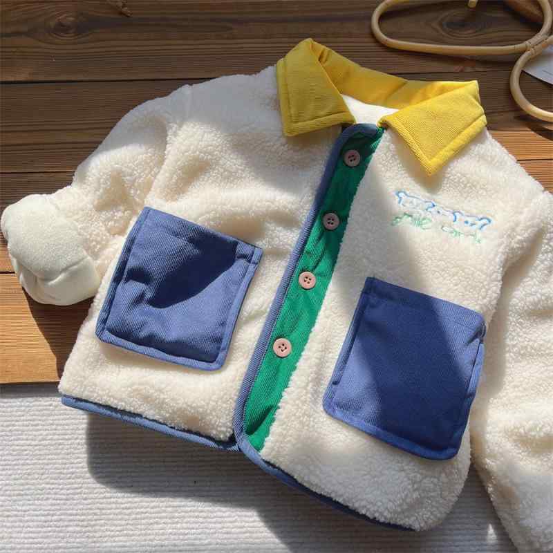 ジャケット 男の子 女の子 秋冬 厚手 暖か 長袖 立領 単排扣 ポリエステル 柔軟 フリース 運動 スタイル 配色 アウター コート