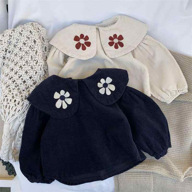 シャツ 女の子 長袖 秋 刺繍 パフスリーブ 大花柄 リーフネック 韓国 綿混紡 ポリエステル 柔らかい 紺 オフホワイト かわいい トレンド トップス 普段使い