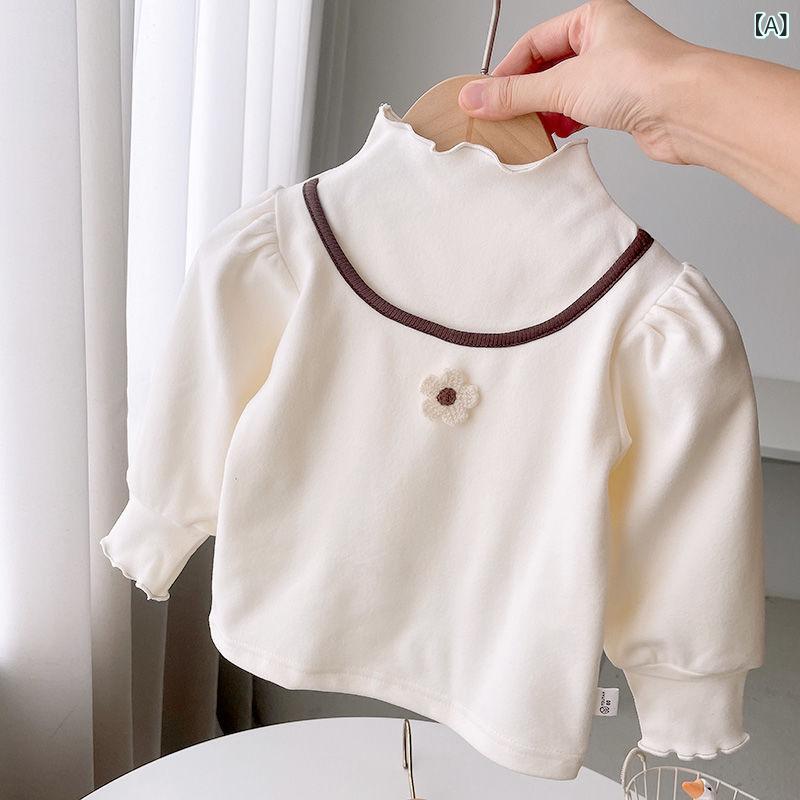 女の子 長袖 トップス フリル領 パフスリーブ インナー 春秋 ベビー 柔らかい コットン混 通気性 アイボリー グリーン ブラウン